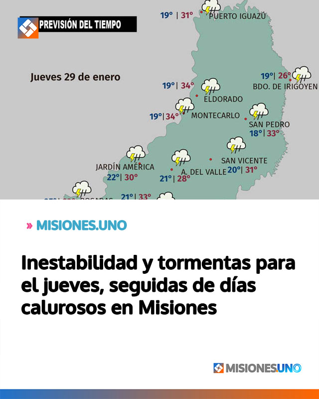 Inestabilidad y tormentas para el jueves, seguidas de días calurosos en Misiones